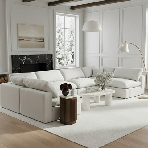 Farrah 158" White Linen Textured Fabric Upholstered Sectional, 6-Piece (Style 3)