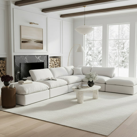 Farrah 157" White Linen Textured Fabric Upholstered Sectional, 6-Piece
