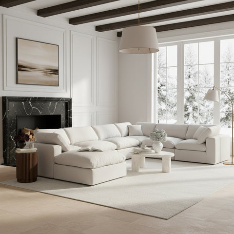 Farrah 158" White Linen Textured Fabric Upholstered Sectional, 7-Piece