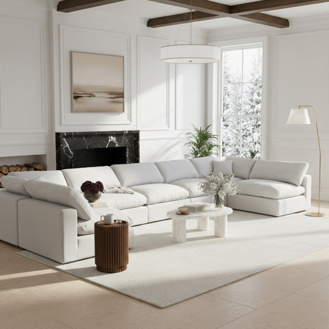 Farrah 197" White Linen Textured Fabric Upholstered Sectional, 7-Piece