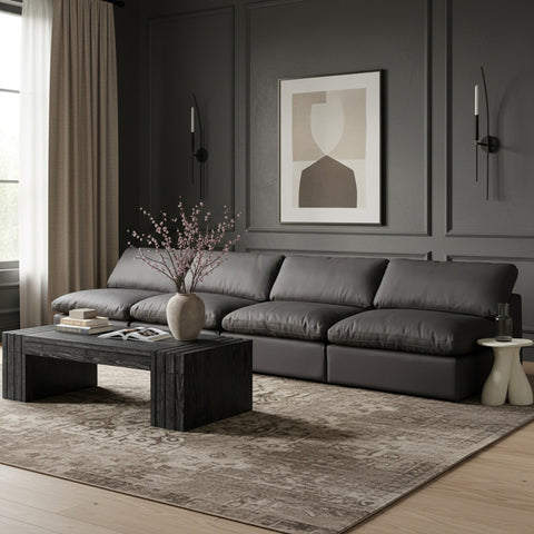 Farrah 156" Black Vegan Leather Upholstered Armless Sofa, 4-Piece