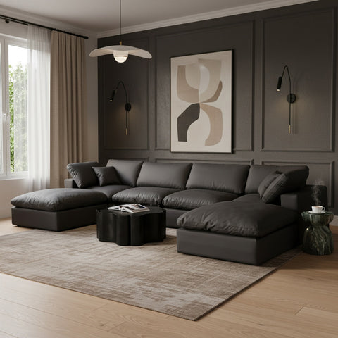 Farrah 158" Black Vegan Leather Upholstered Sectional, 6-Piece (Style 2)