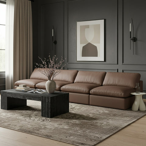 Farrah 156" Brown Vegan Leather Upholstered Armless Sofa, 4-Piece