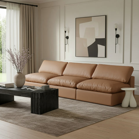 Farrah 117" Cognac Vegan Leather Upholstered Armless Sofa, 3-Piece