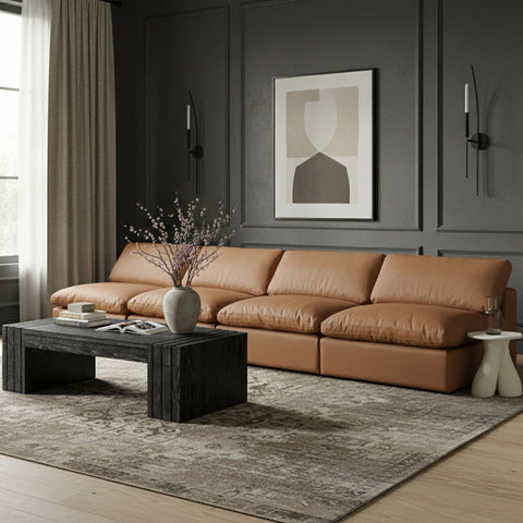 Farrah 156" Cognac Vegan Leather Upholstered Armless Sofa, 4-Piece