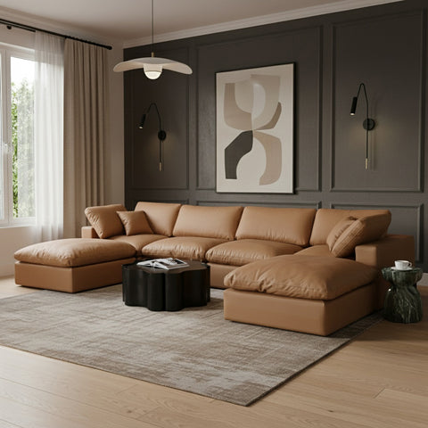 Farrah 158" Cognac Vegan Leather Upholstered Sectional, 6-Piece (Style 2)