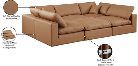 Farrah 119" Cognac Vegan Leather Upholstered Sectional, 6-Piece
