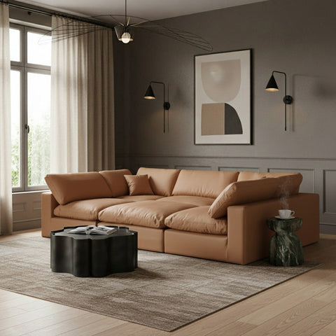 Farrah 119" Cognac Vegan Leather Upholstered Sectional, 6-Piece