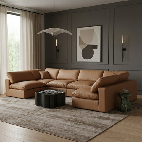 Farrah 158" Cognac Vegan Leather Upholstered Sectional, 6-Piece (Style 3)