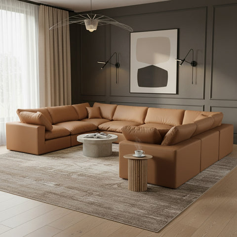 Farrah 158" Cognac Vegan Leather Upholstered Sectional, 8-Piece