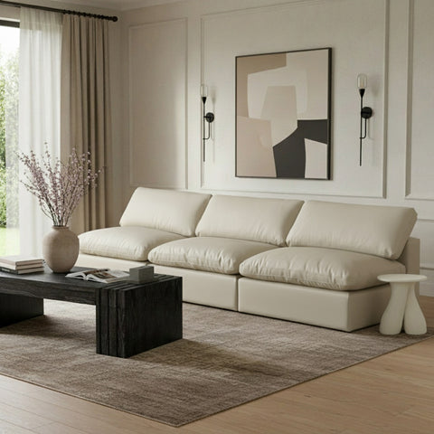 Farrah 117" Cream Vegan Leather Upholstered Armless Sofa, 3-Piece