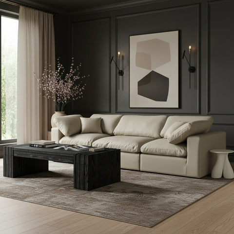 Farrah 119" Cream Vegan Leather Upholstered Sofa, 3-Piece