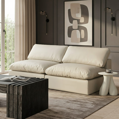 Farrah 78" Cream Vegan Leather Upholstered Armless Sofa, 2-Piece