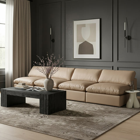 Farrah 156" Tan Vegan Leather Upholstered Armless Sofa, 4-Piece