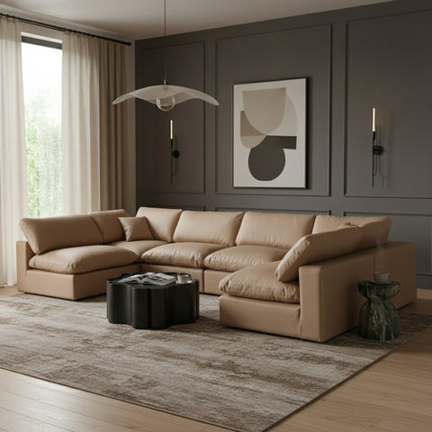 Farrah 158" Tan Vegan Leather Upholstered Sectional, 6-Piece (Style 3)
