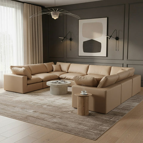 Farrah 158" Tan Vegan Leather Upholstered Sectional, 8-Piece