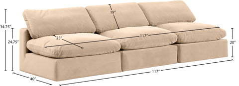 Farrah 117" Beige Velvet Upholstered Armless Sofa, 3-Piece