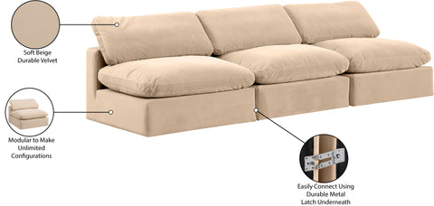 Farrah 117" Beige Velvet Upholstered Armless Sofa, 3-Piece