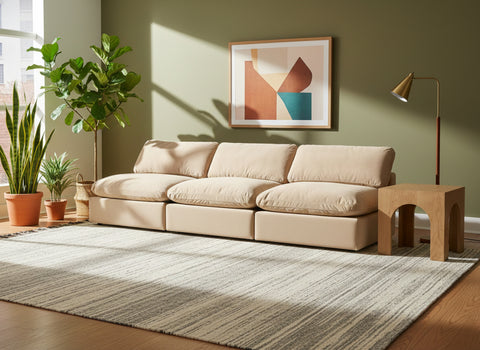 Farrah 117" Beige Velvet Upholstered Armless Sofa, 3-Piece