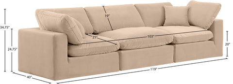Farrah 119" Beige Velvet Upholstered Sofa, 3-Piece