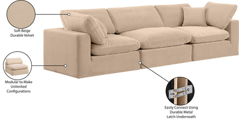 Farrah 119" Beige Velvet Upholstered Sofa, 3-Piece