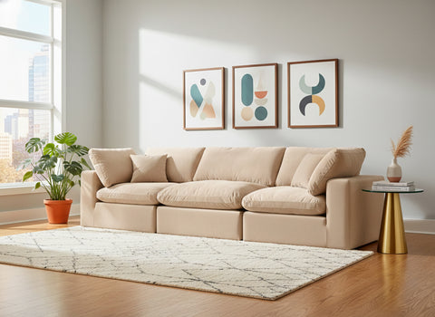 Farrah 119" Beige Velvet Upholstered Sofa, 3-Piece