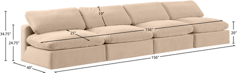 Farrah 156" Beige Velvet Upholstered Armless Sofa, 4-Piece