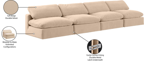 Farrah 156" Beige Velvet Upholstered Armless Sofa, 4-Piece