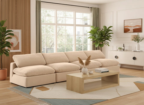 Farrah 156" Beige Velvet Upholstered Armless Sofa, 4-Piece