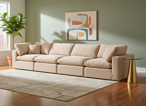 Farrah 158" Beige Velvet Upholstered Sofa, 4-Piece