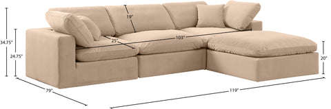 Farrah 119" Beige Velvet Upholstered Sectional, 4-Piece