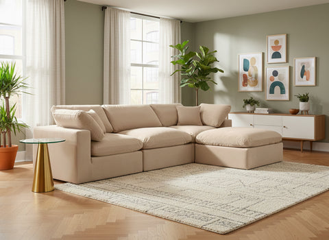 Farrah 119" Beige Velvet Upholstered Sectional, 4-Piece