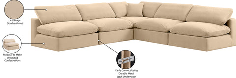 Farrah 118" Beige Velvet Upholstered Sectional, 5-Piece