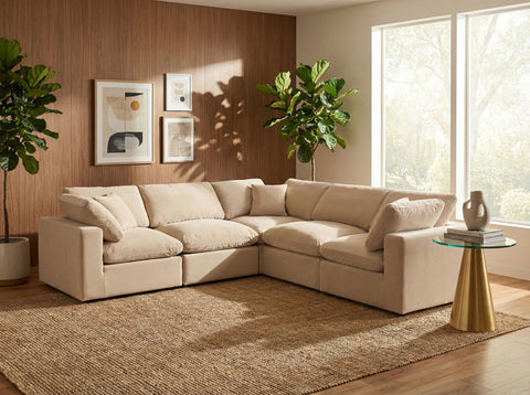 Farrah 119" Beige Velvet Upholstered Sectional, 5-Piece