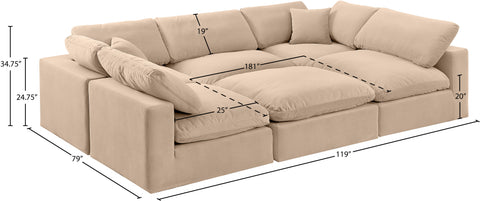 Farrah 119" Beige Velvet Upholstered Sectional, 6-Piece