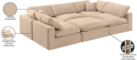 Farrah 119" Beige Velvet Upholstered Sectional, 6-Piece
