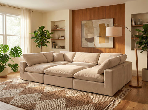 Farrah 119" Beige Velvet Upholstered Sectional, 6-Piece