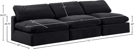 Farrah 117" Black Velvet Upholstered Armless Sofa, 3-Piece