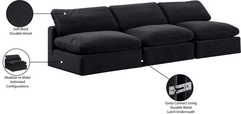 Farrah 117" Black Velvet Upholstered Armless Sofa, 3-Piece