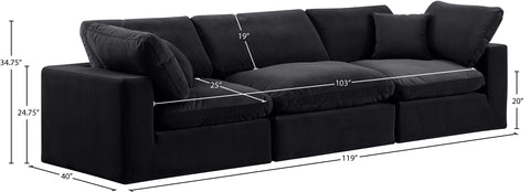 Farrah 119" Black Velvet Upholstered Sofa, 3-Piece