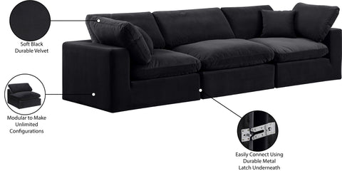 Farrah 119" Black Velvet Upholstered Sofa, 3-Piece