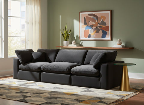 Farrah 119" Black Velvet Upholstered Sofa, 3-Piece