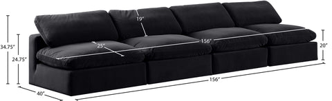 Farrah 156" Black Velvet Upholstered Armless Sofa, 4-Piece