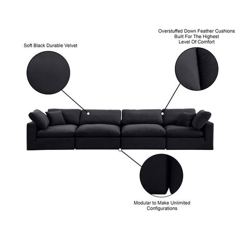 Farrah 158" Black Velvet Upholstered Sofa, 4-Piece