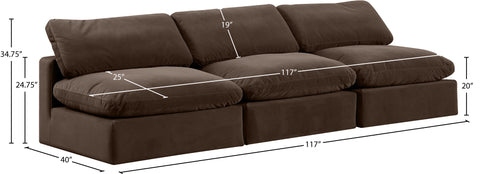 Farrah 117" Brown Velvet Upholstered Armless Sofa, 3-Piece