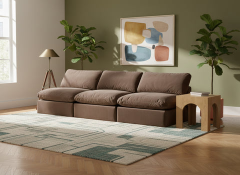 Farrah 117" Brown Velvet Upholstered Armless Sofa, 3-Piece