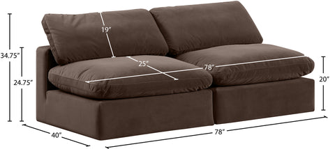 Farrah 78" Brown Velvet Upholstered Armless Sofa, 2-Piece