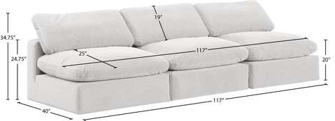 Farrah 117" Cream Velvet Upholstered Armless Sofa, 3-Piece