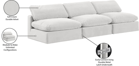 Farrah 117" Cream Velvet Upholstered Armless Sofa, 3-Piece