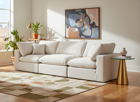 Farrah 119" Cream Velvet Upholstered Sofa, 3-Piece